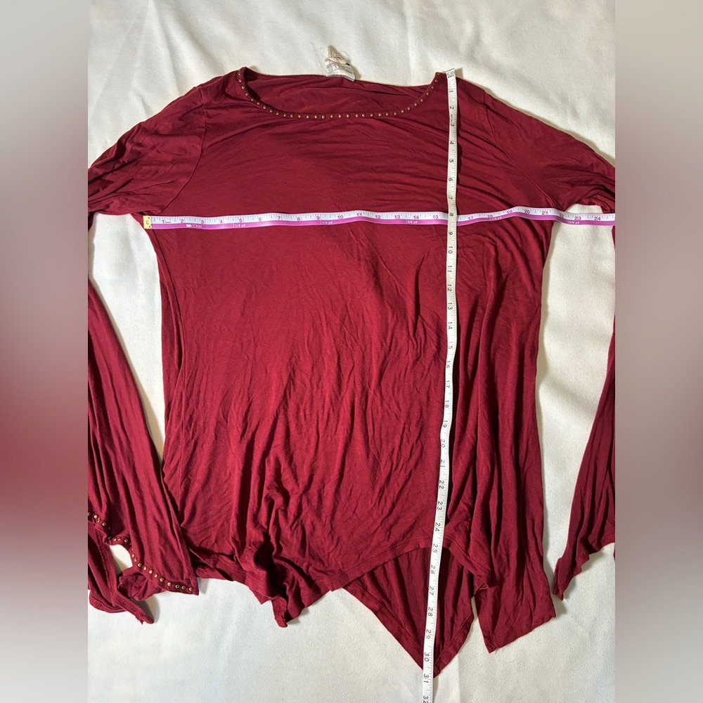 Rain Burgundy Asymmetrical Bell Sleeve Blouse w/ Gold Beaded Trim | Plus 1X - Picture 8 of 8